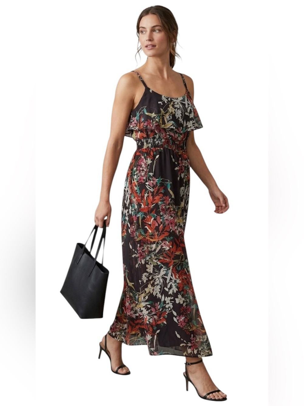 Black Floral Smocked Chiffon Tiered Boho Maxi Dress Ruffle Size Large